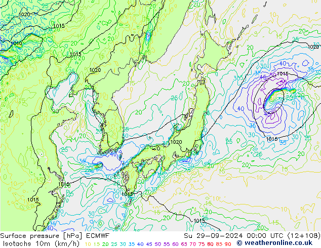 Isotachs (kph) ECMWF Su 29.09.2024 00 UTC