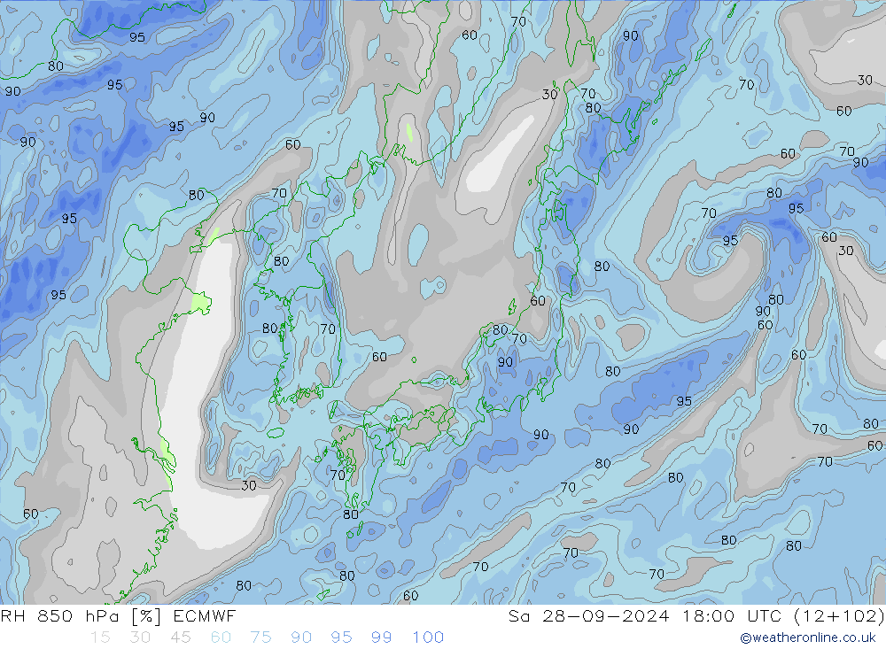 RH 850 hPa ECMWF Sa 28.09.2024 18 UTC