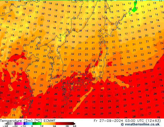 température (2m) ECMWF ven 27.09.2024 03 UTC