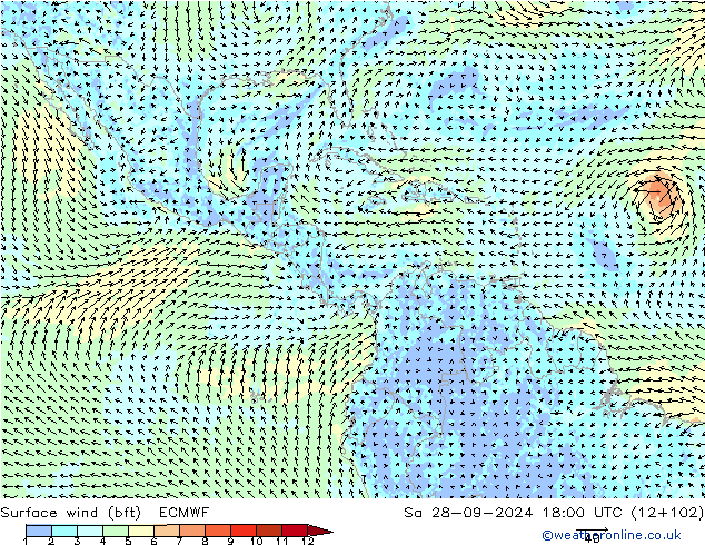 Surface wind (bft) ECMWF Sa 28.09.2024 18 UTC