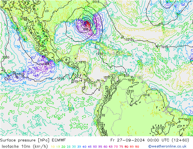 Isotachs (kph) ECMWF Sex 27.09.2024 00 UTC