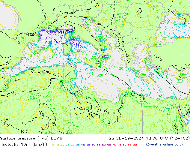 Isotachs (kph) ECMWF Sa 28.09.2024 18 UTC