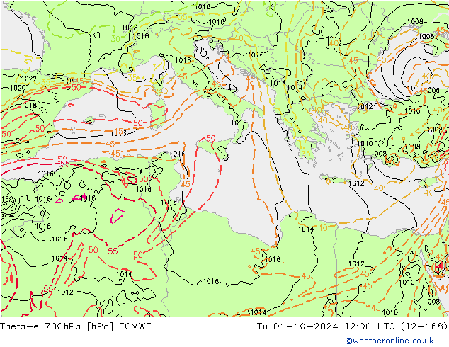 Theta-e 700hPa ECMWF Tu 01.10.2024 12 UTC