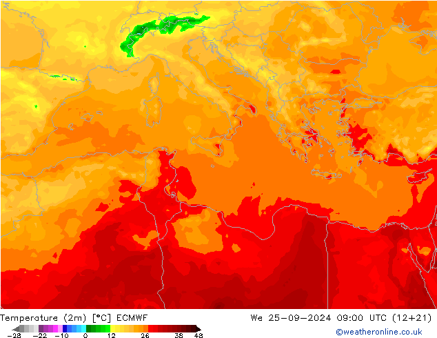 Temperatuurkaart (2m) ECMWF wo 25.09.2024 09 UTC