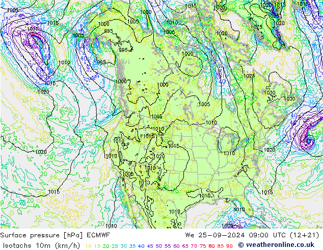 Isotachs (kph) ECMWF mer 25.09.2024 09 UTC