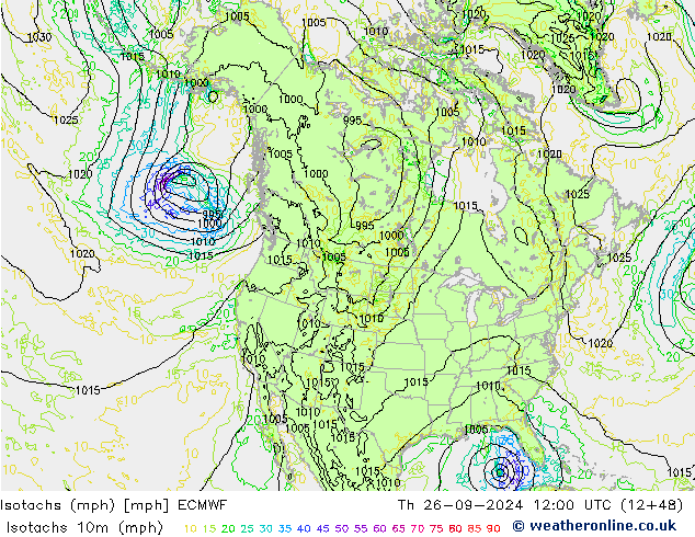 Isotachs (mph) ECMWF Th 26.09.2024 12 UTC