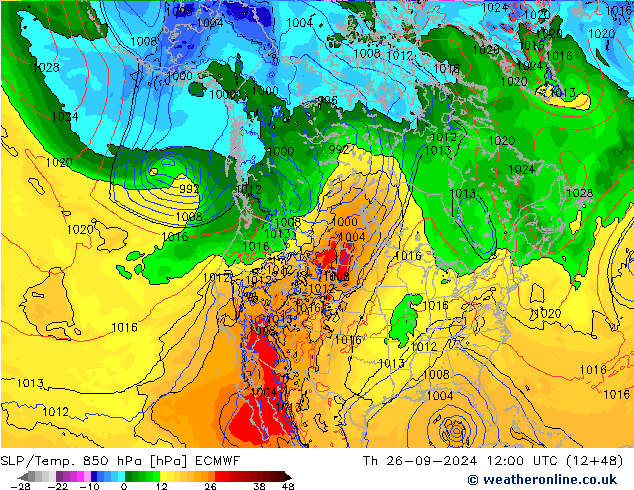 SLP/Temp. 850 hPa ECMWF Th 26.09.2024 12 UTC