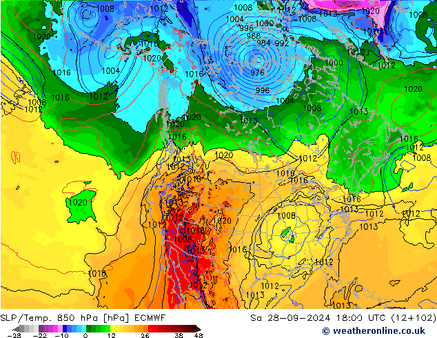 SLP/Temp. 850 hPa ECMWF so. 28.09.2024 18 UTC