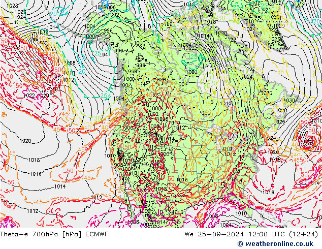 Theta-e 700hPa ECMWF Çar 25.09.2024 12 UTC