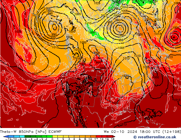 Theta-W 850hPa ECMWF We 02.10.2024 18 UTC