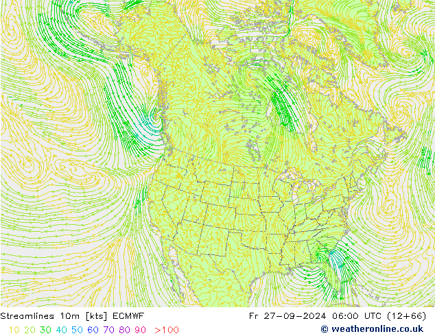 Línea de corriente 10m ECMWF vie 27.09.2024 06 UTC