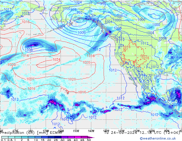 Z500/Rain (+SLP)/Z850 ECMWF Út 24.09.2024 18 UTC