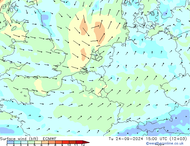 Vento 10 m (bft) ECMWF mar 24.09.2024 15 UTC