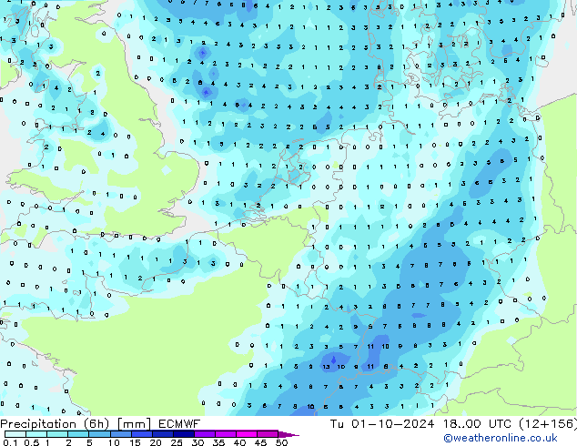 Precipitation (6h) ECMWF Tu 01.10.2024 00 UTC