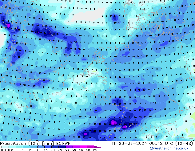 Precipitation (12h) ECMWF Čt 26.09.2024 12 UTC