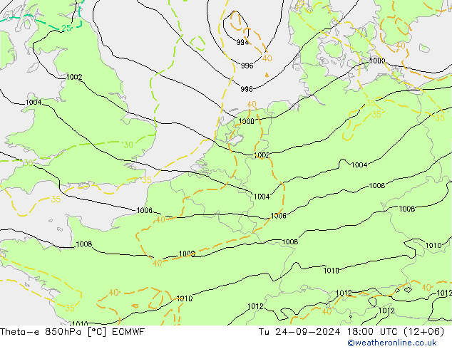 Theta-e 850hPa ECMWF Di 24.09.2024 18 UTC