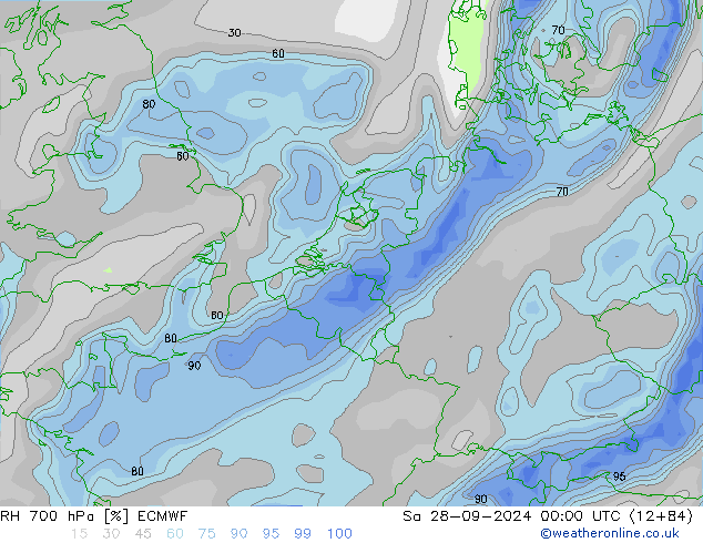 RH 700 hPa ECMWF sab 28.09.2024 00 UTC