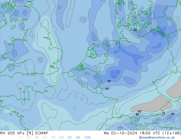 RH 925 hPa ECMWF mer 02.10.2024 18 UTC