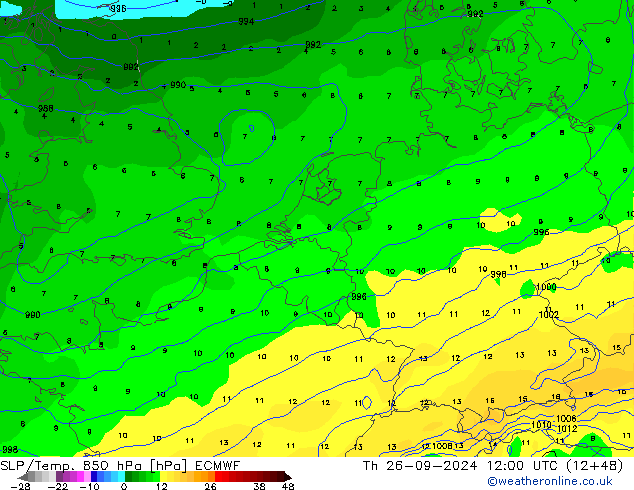 SLP/Temp. 850 hPa ECMWF Th 26.09.2024 12 UTC