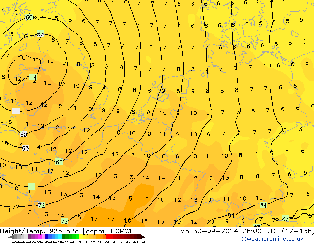 Height/Temp. 925 hPa ECMWF Mo 30.09.2024 06 UTC