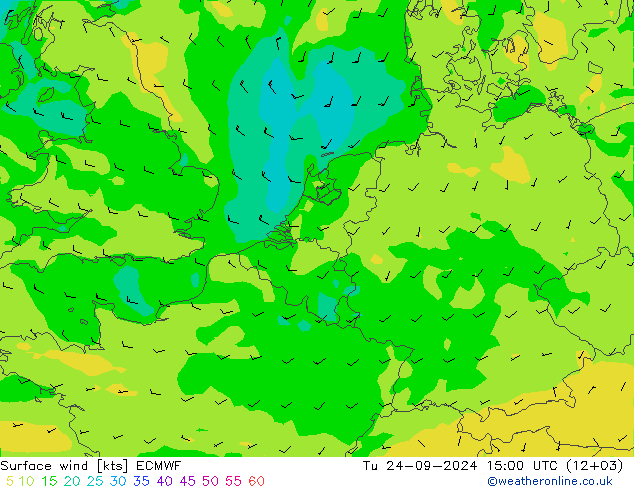 wiatr 10 m ECMWF wto. 24.09.2024 15 UTC