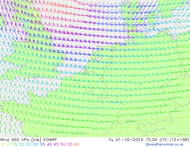 Wind 950 hPa ECMWF Tu 01.10.2024 12 UTC