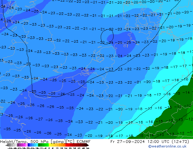 Z500/Rain (+SLP)/Z850 ECMWF Fr 27.09.2024 12 UTC