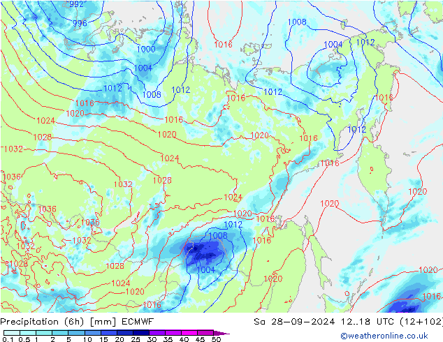 Precipitation (6h) ECMWF Sa 28.09.2024 18 UTC