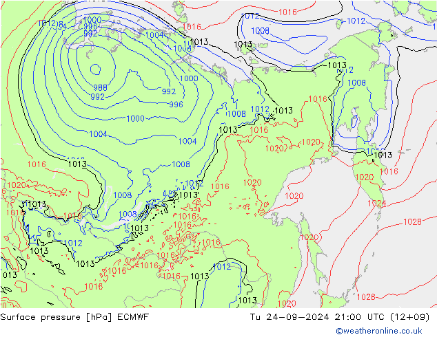 Surface pressure ECMWF Tu 24.09.2024 21 UTC