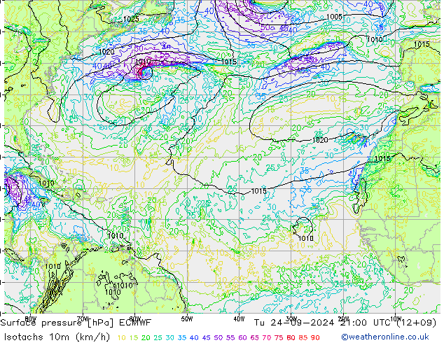 Isotachs (kph) ECMWF вт 24.09.2024 21 UTC