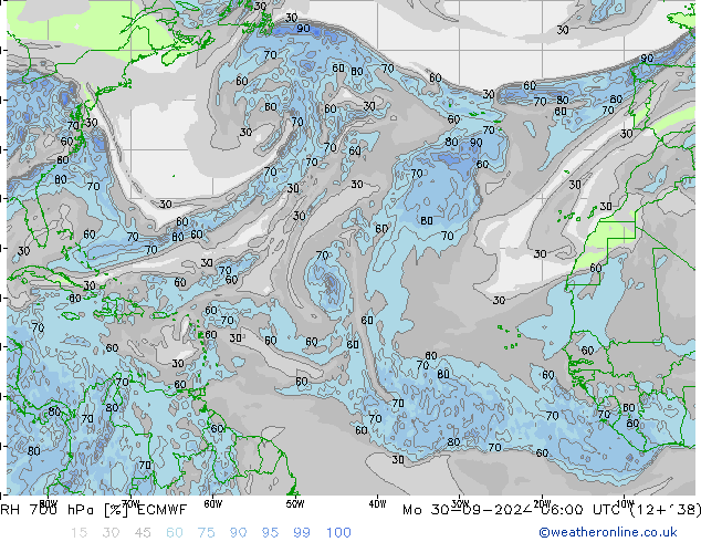 RH 700 гПа ECMWF пн 30.09.2024 06 UTC