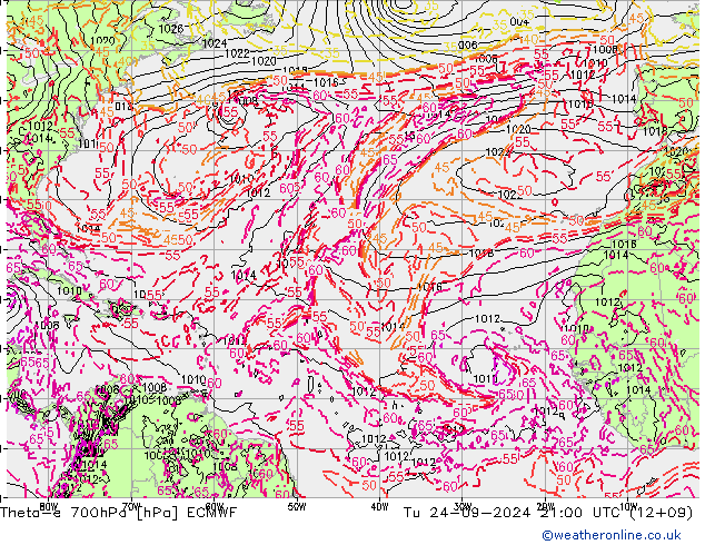 Theta-e 700hPa ECMWF di 24.09.2024 21 UTC