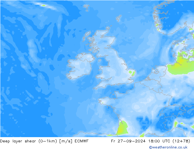 Deep layer shear (0-1km) ECMWF  27.09.2024 18 UTC