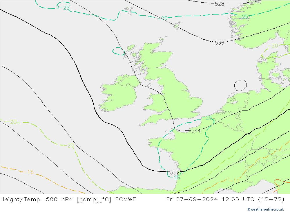 Z500/Rain (+SLP)/Z850 ECMWF Fr 27.09.2024 12 UTC