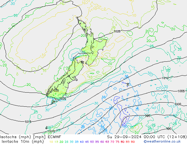 Isotachs (mph) ECMWF  29.09.2024 00 UTC