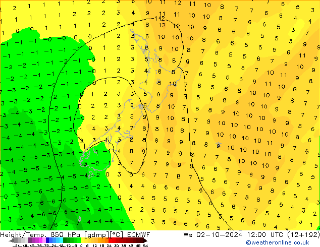 Z500/Rain (+SLP)/Z850 ECMWF Qua 02.10.2024 12 UTC