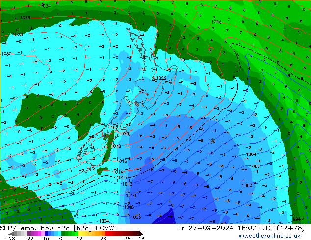 SLP/Temp. 850 hPa ECMWF vie 27.09.2024 18 UTC