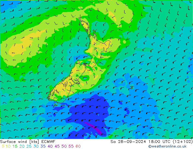 wiatr 10 m ECMWF so. 28.09.2024 18 UTC