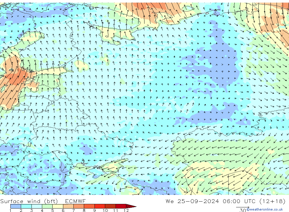 Surface wind (bft) ECMWF We 25.09.2024 06 UTC