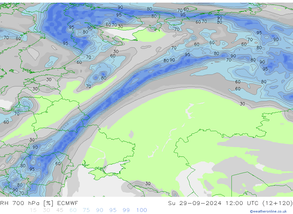 RH 700 hPa ECMWF Su 29.09.2024 12 UTC