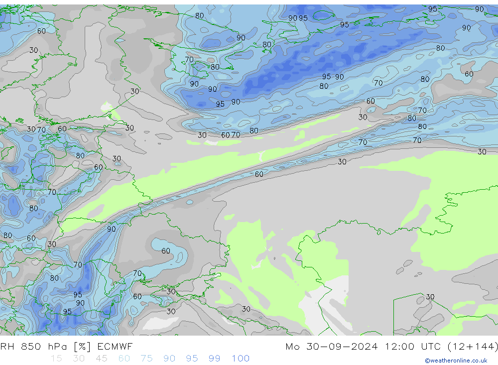 RH 850 hPa ECMWF Mo 30.09.2024 12 UTC