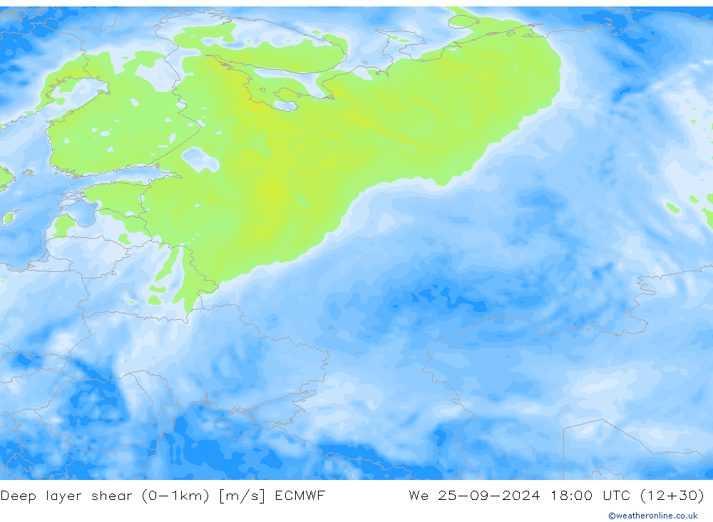 Deep layer shear (0-1km) ECMWF Çar 25.09.2024 18 UTC