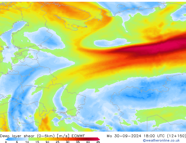 Deep layer shear (0-6km) ECMWF Mo 30.09.2024 18 UTC