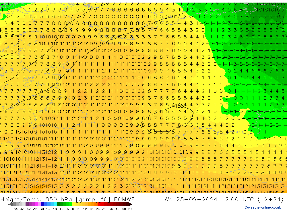 Z500/Rain (+SLP)/Z850 ECMWF Qua 25.09.2024 12 UTC