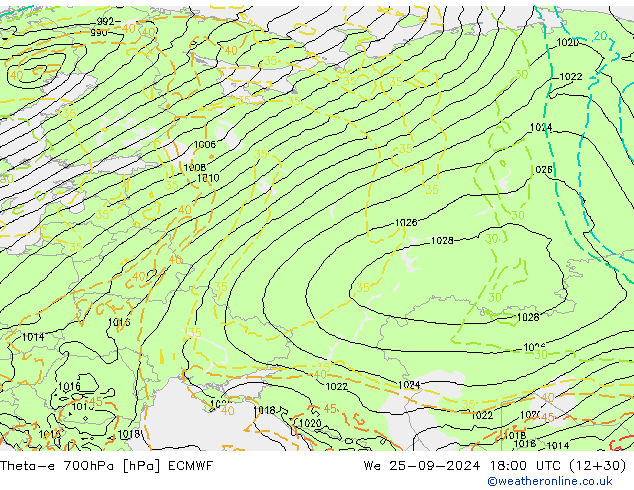 Theta-e 700hPa ECMWF śro. 25.09.2024 18 UTC