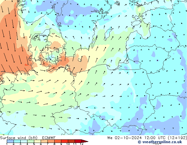  10 m (bft) ECMWF  02.10.2024 12 UTC