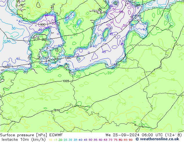 Isotachen (km/h) ECMWF Mi 25.09.2024 06 UTC