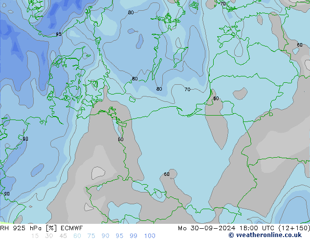 RH 925 hPa ECMWF pon. 30.09.2024 18 UTC