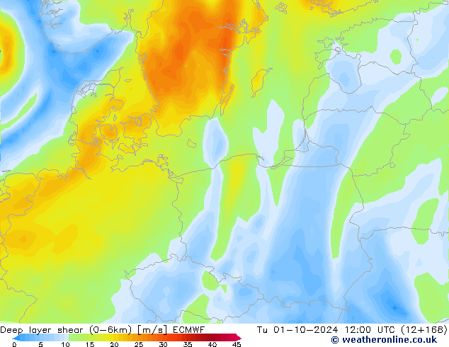 Deep layer shear (0-6km) ECMWF Ter 01.10.2024 12 UTC