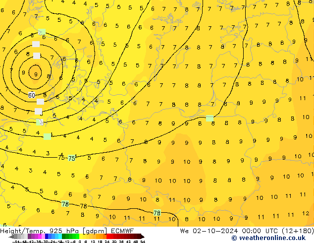 Height/Temp. 925 hPa ECMWF We 02.10.2024 00 UTC